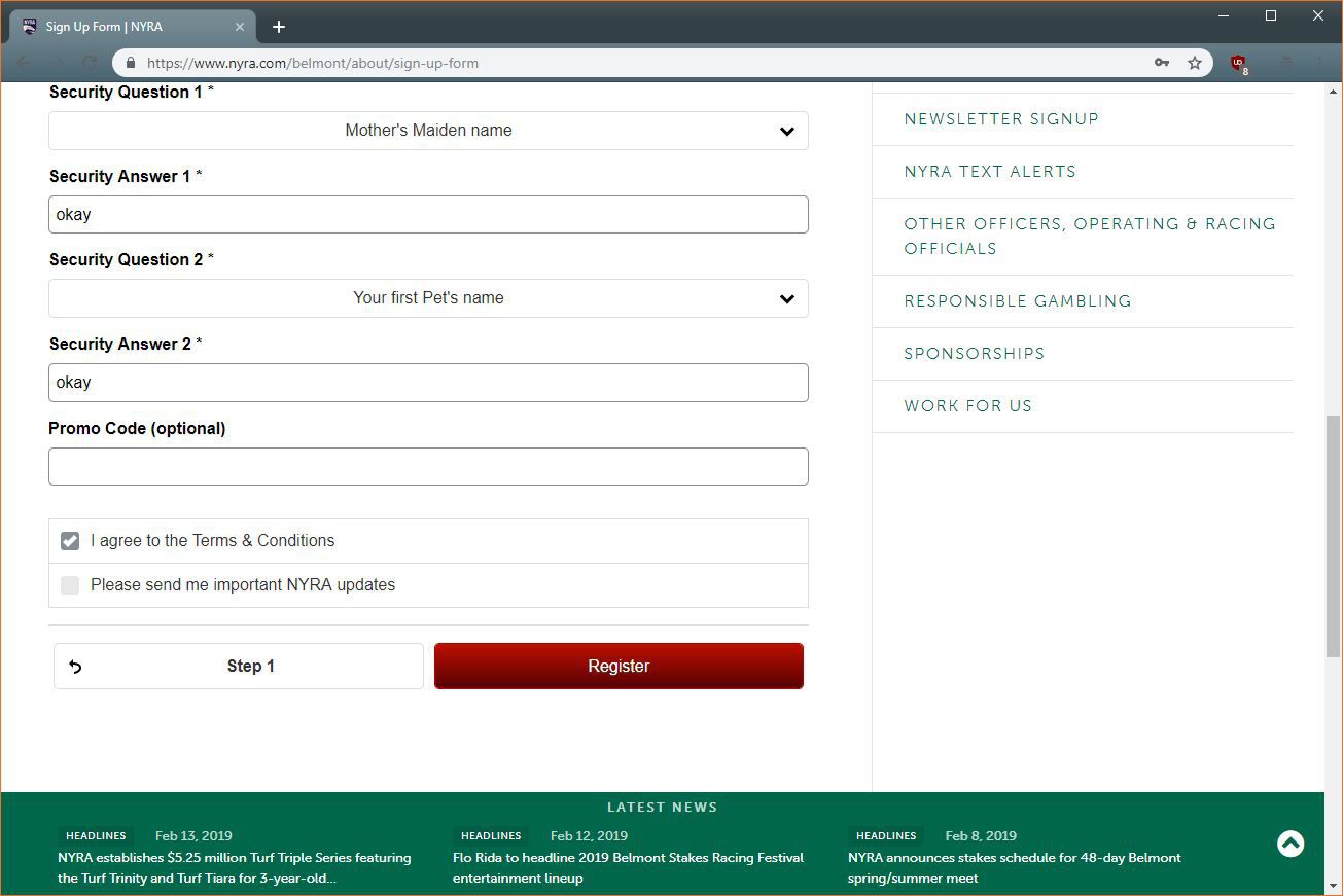 Snímek obrazovky s registrační stránkou NYRA.