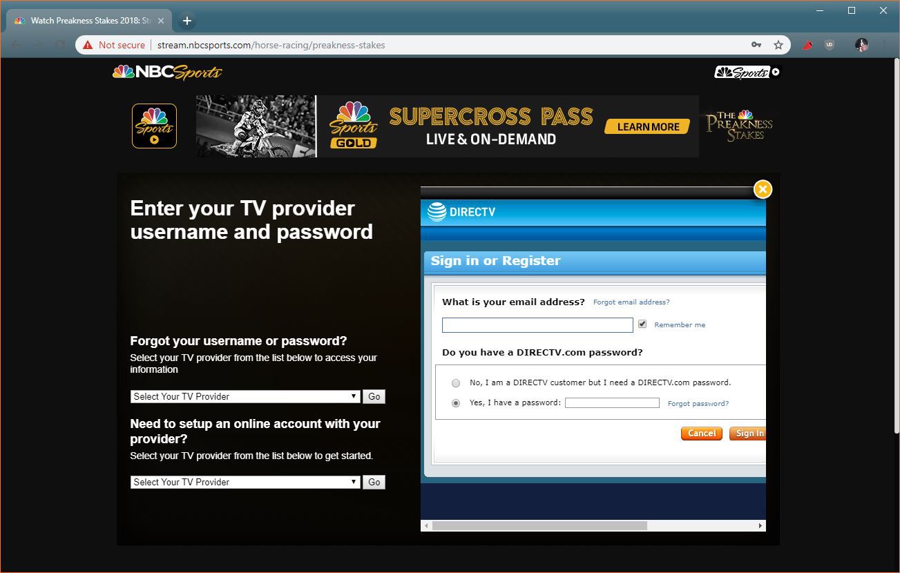 Snímek obrazovky s přihlašovací stránkou NBC Sports TV.