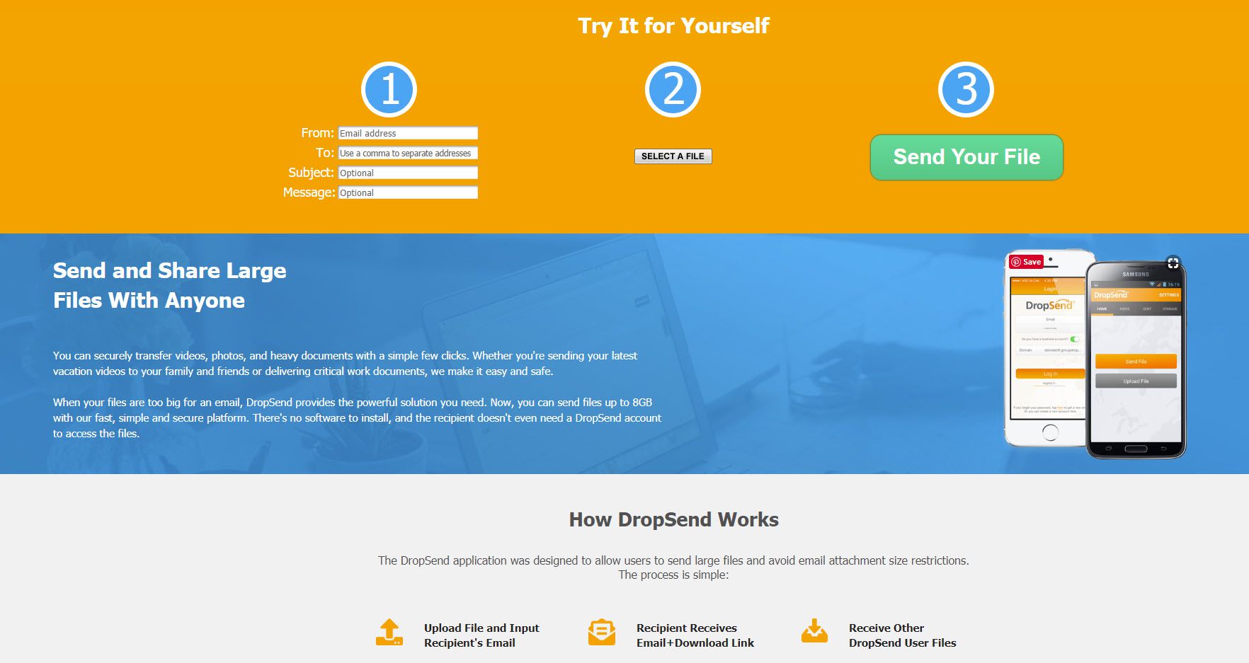 Screenshot webové stránky DropSend.