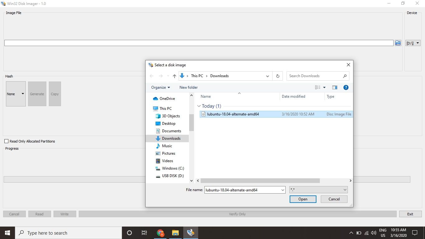 Vyberte modrou složku v části Obrazový soubor, otevřete Průzkumníka Windows a vyberte stažený soubor ISO Lubuntu
