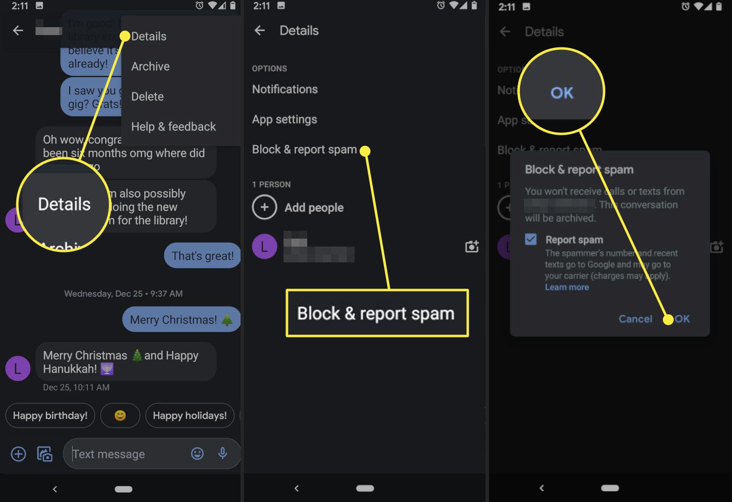 Aplikace Zprávy pro Android ukazuje, jak zablokovat číslo