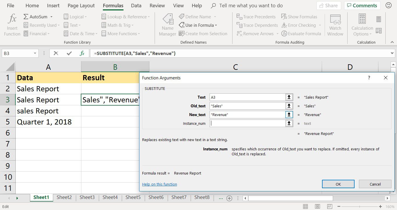 Snímek obrazovky ukazující, jak vstoupit do funkce SUBSTITUTE v aplikaci Excel