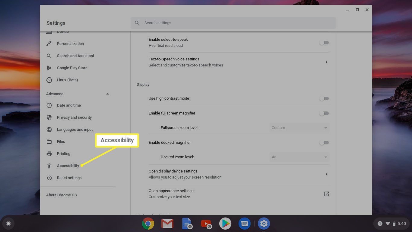 Přístupnost zvýrazněna v Nastavení Chromebooku