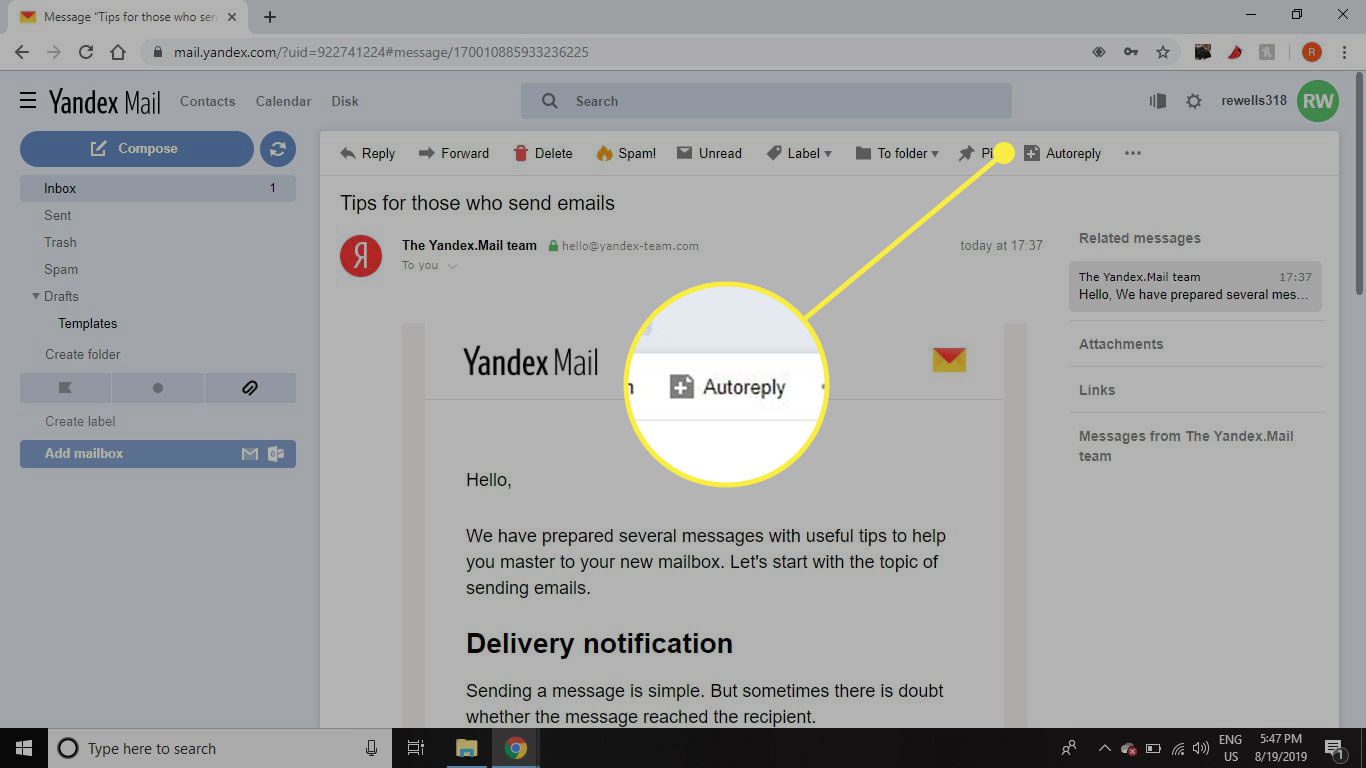 Snímek obrazovky se zprávou v aplikaci Yandex Mail se zvýrazněným tlačítkem Autoreply