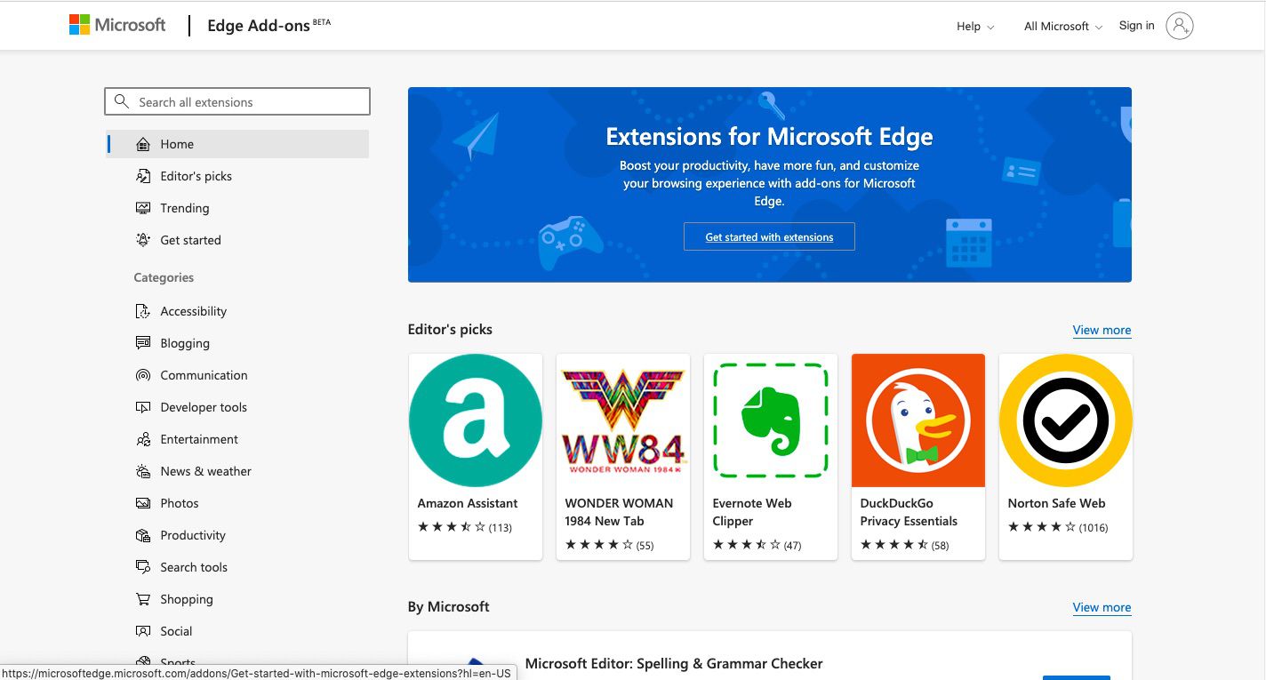 Chcete-li přidat nové rozšíření Edge, vyberte Získat rozšíření pro Microsoft Edge.