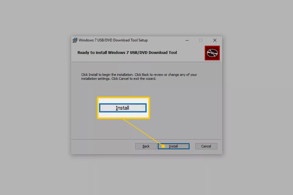 Tlačítko Instalovat pro Windows 7 USB / DVD Download Tool Setup