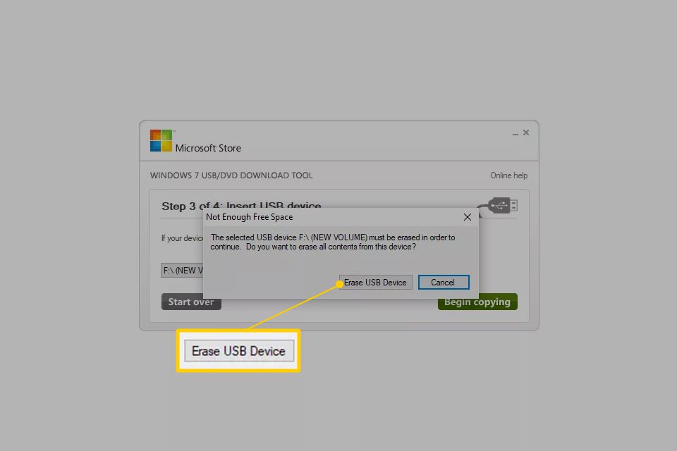 Tlačítko Vymazat zařízení USB v nástroji pro stažení systému Windows 7
