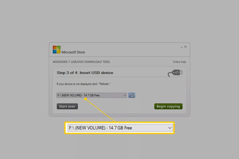 Nová jednotka Volume F ve Windows 7 USB Download Tool