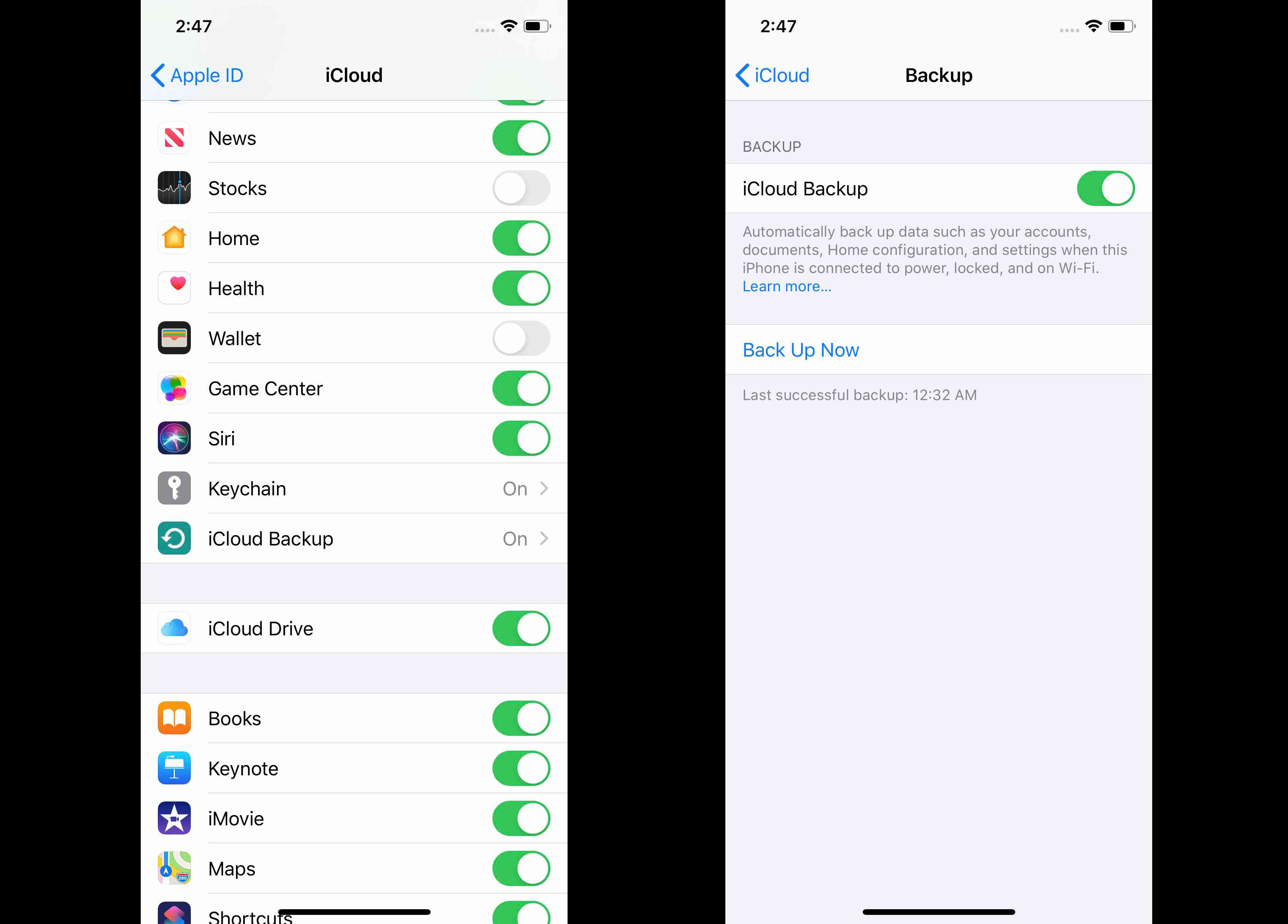 Screenshoty ukazující, jak zapnout iCloud Backup na iPhone X.