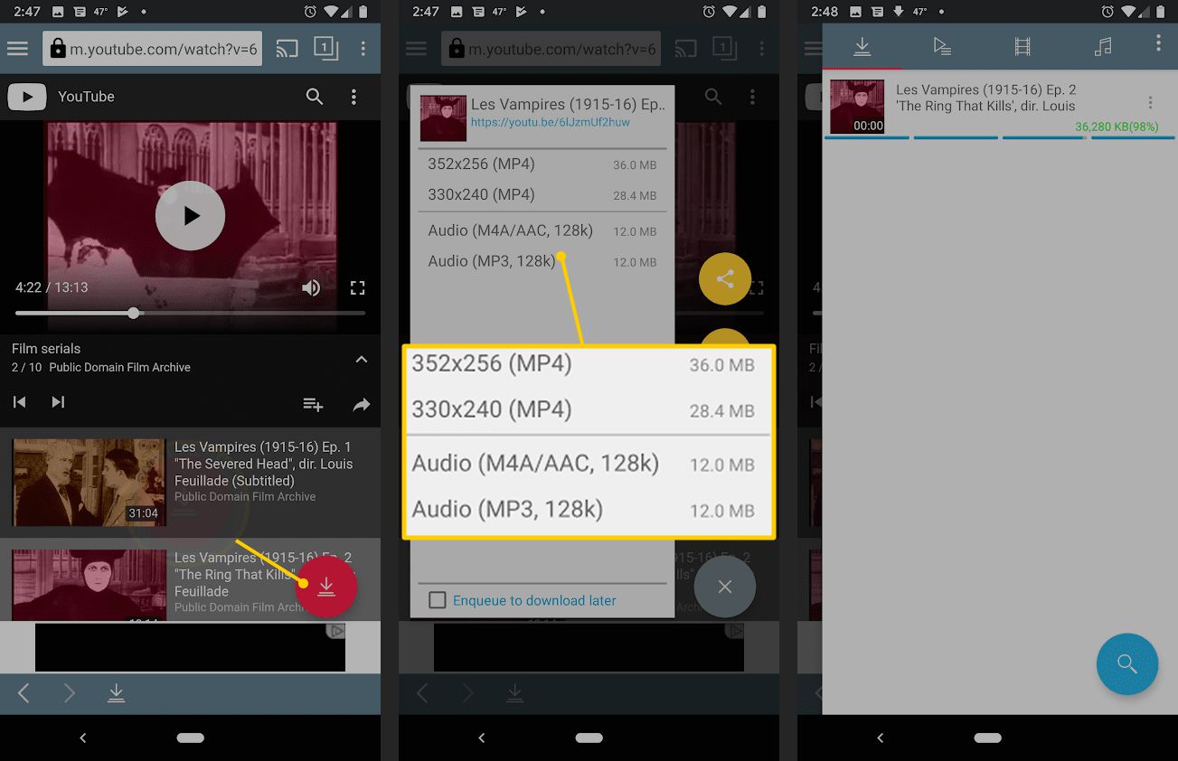 Tlačítko stahování TubeMate, rozlišení videa v systému Android