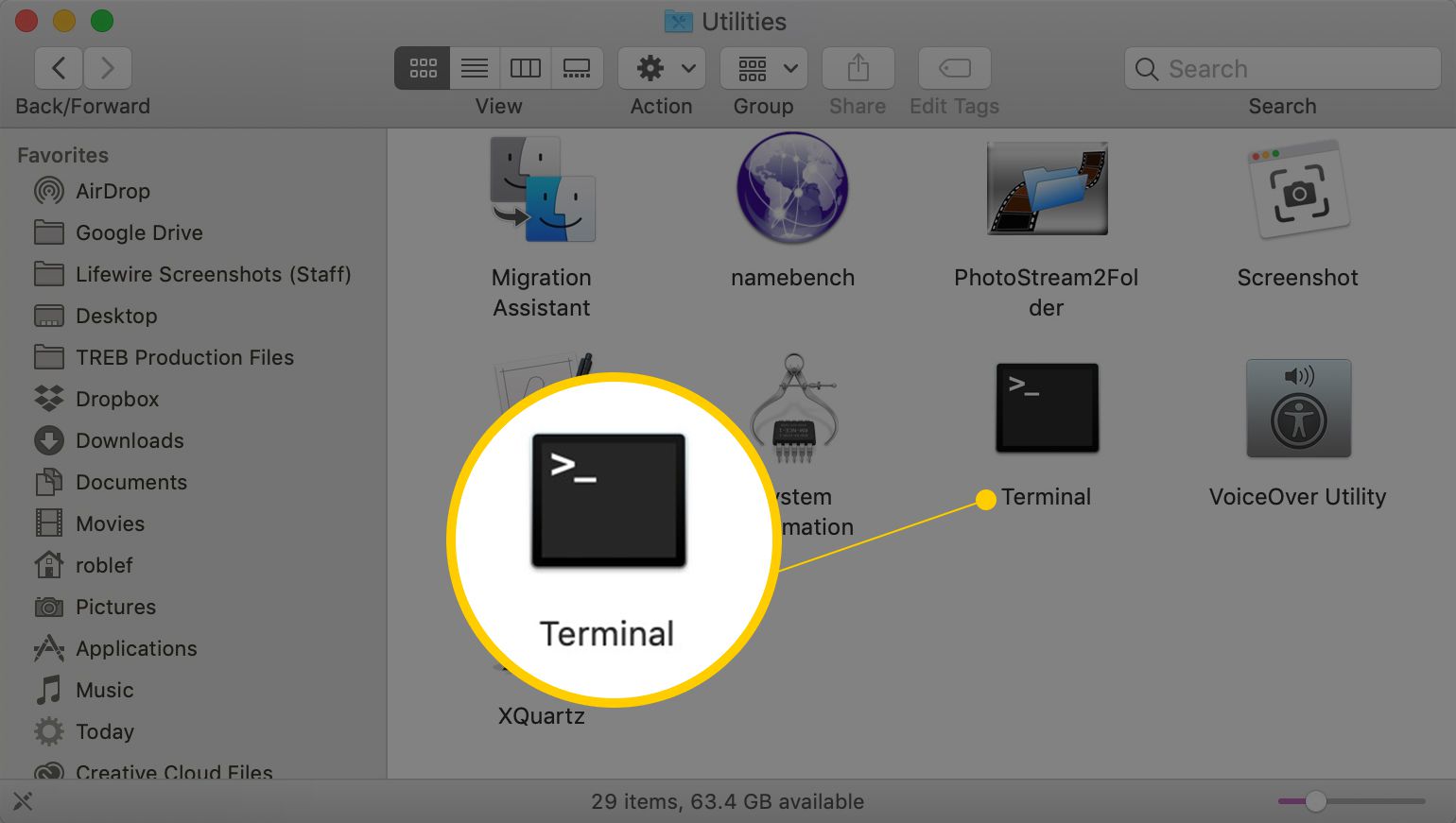 Terminálová aplikace ve složce MacOS Finder Utilities