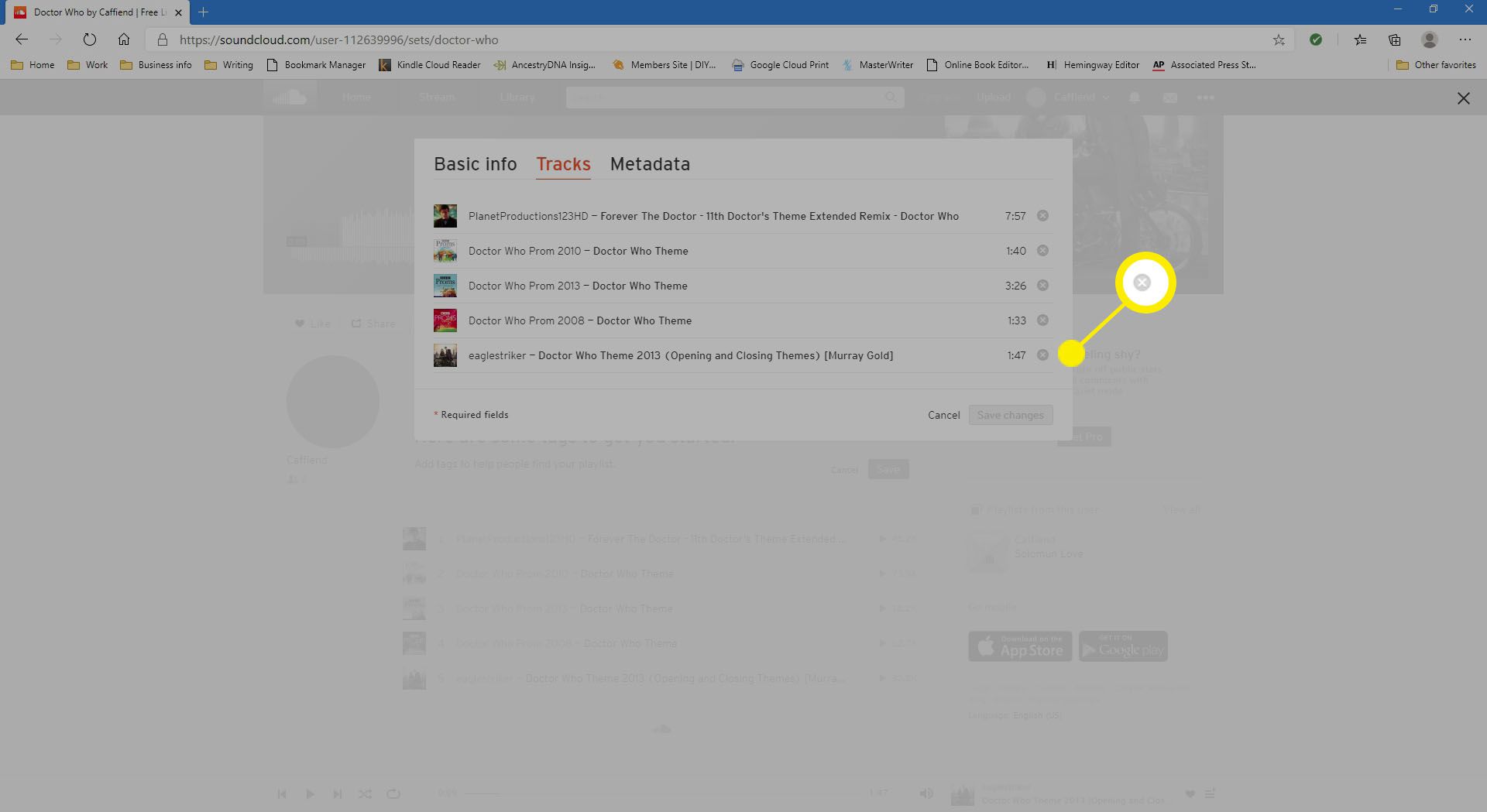 Výběr stopy, kterou chcete odebrat ze seznamu skladeb SoundCloud na webu.