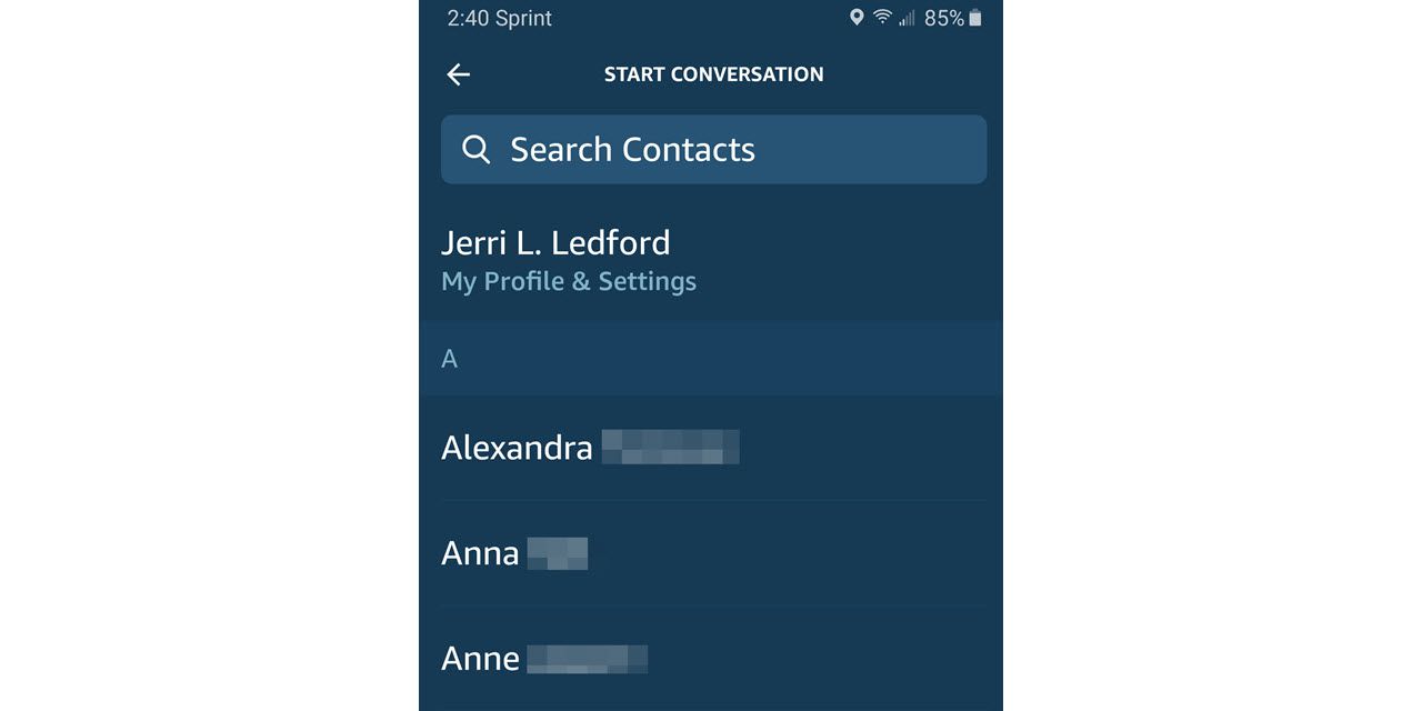 Kontakty aplikace Alexa.