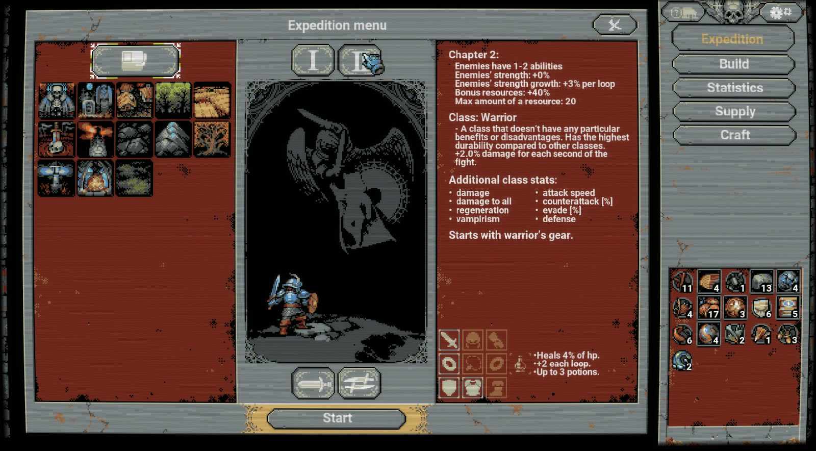 Screenshot z nabídky Expedice v „Loop Hero“.
