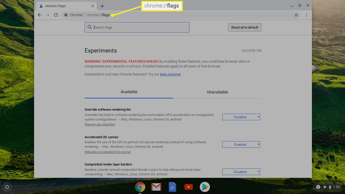 Stránka s příznaky systému Chrome OS