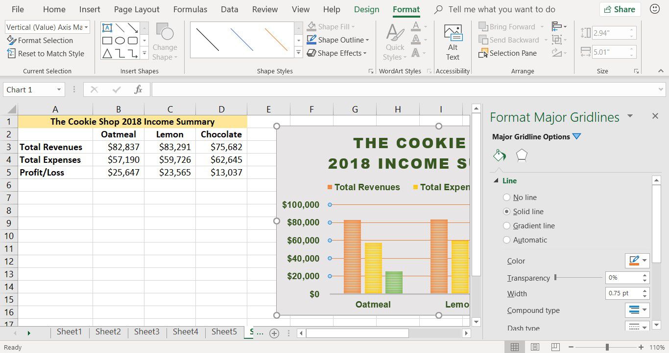 Snímek obrazovky ukazující, jak změnit barvu mřížek grafu v aplikaci Excel