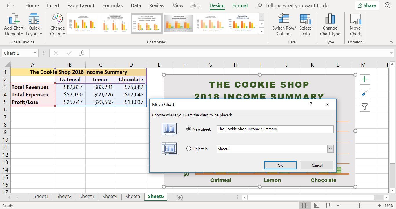 Snímek obrazovky ukazující, jak přesunout graf do nového listu v aplikaci Excel