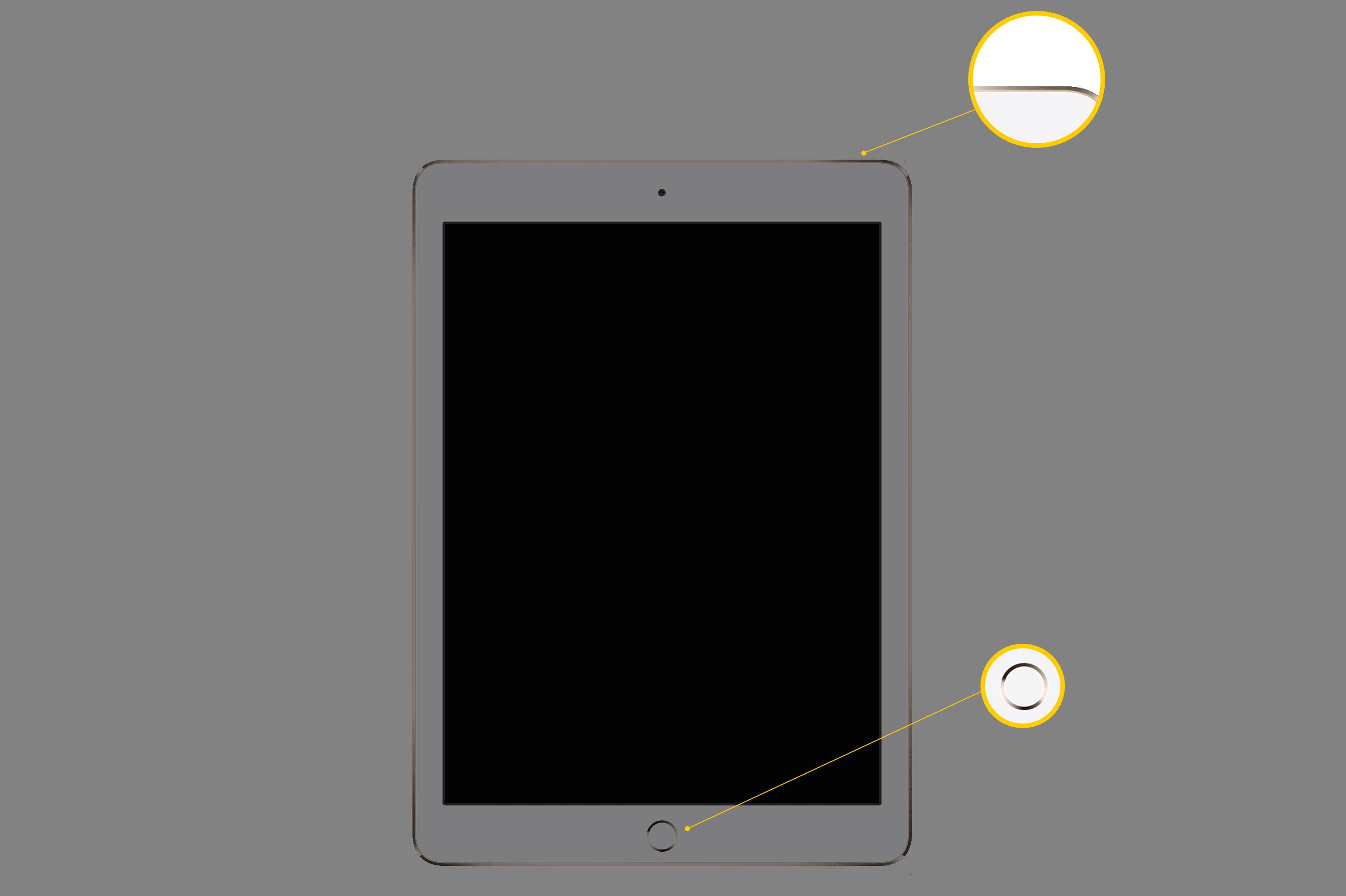 iPad s obrazovkou obrácenou ke zvýraznění tlačítka Spánek / Probuzení v pravém horním rohu zařízení a tlačítka Domů ve středu dole