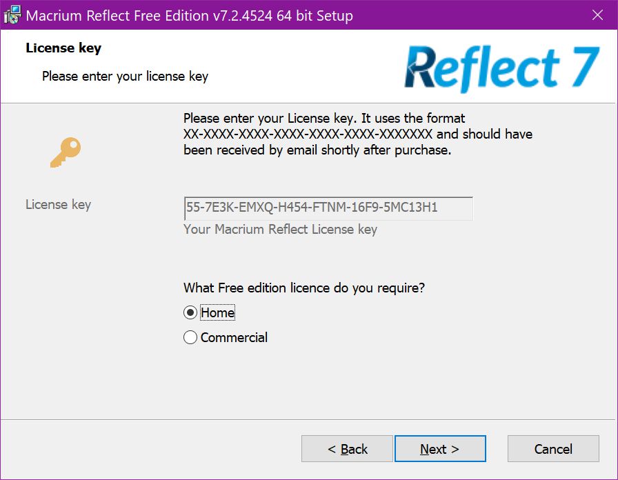 Výběr licenčního klíče Macrium Reflect Free Edition