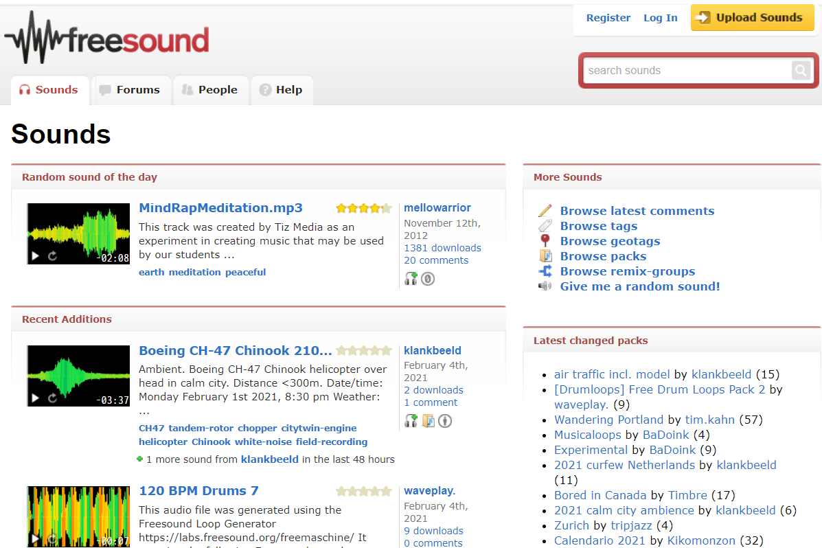 Screenshot webové stránky Freesound