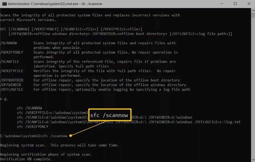 Příkaz sfc.scanow v příkazovém terminálu Windows