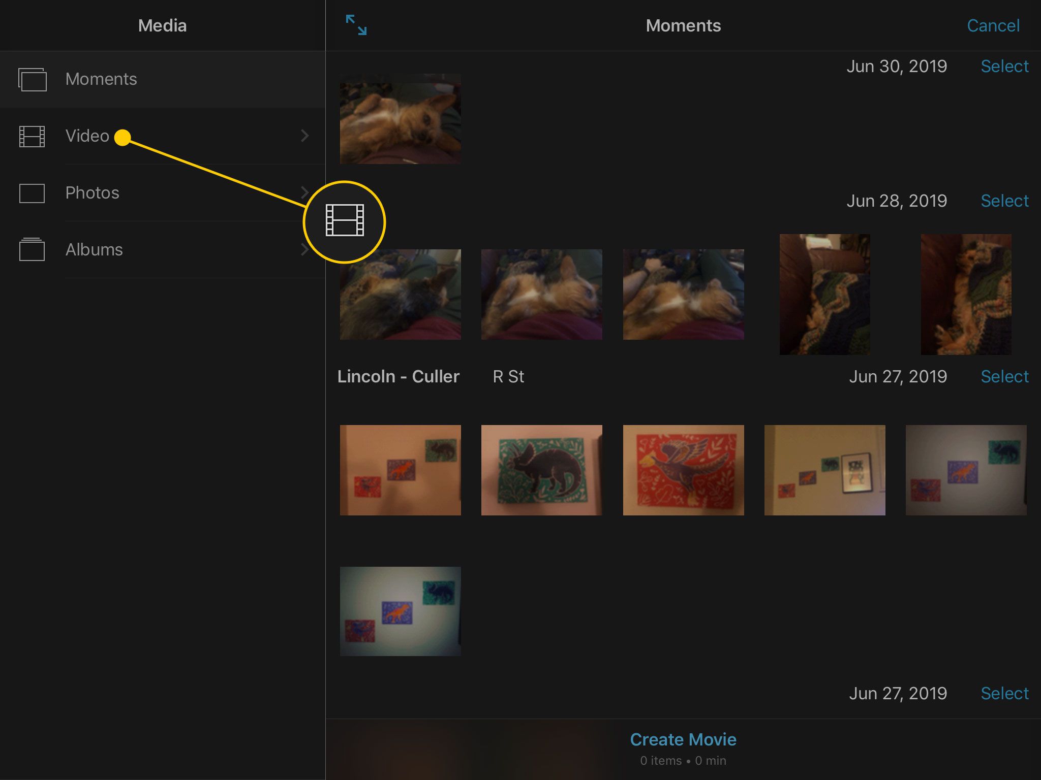 Sekce videa na stránce Média v iMovie pro iPad