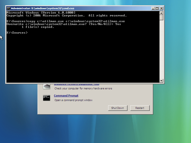 zkopírujte příkaz utilman do příkazového řádku systému Vista
