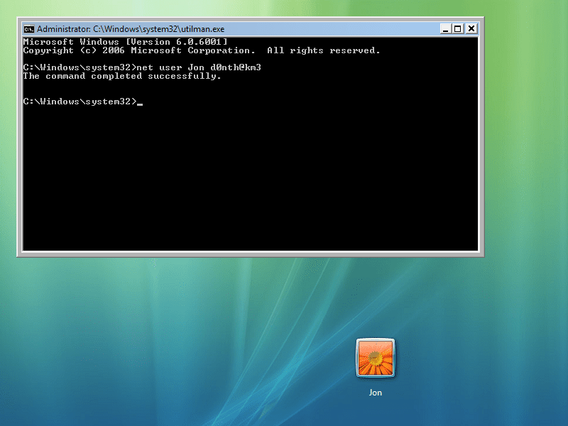 Příkaz čistého uživatele pro změnu hesla systému Vista v příkazovém řádku