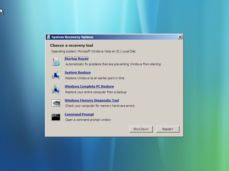 Obrazovka Možnosti obnovení systému Windows Vista