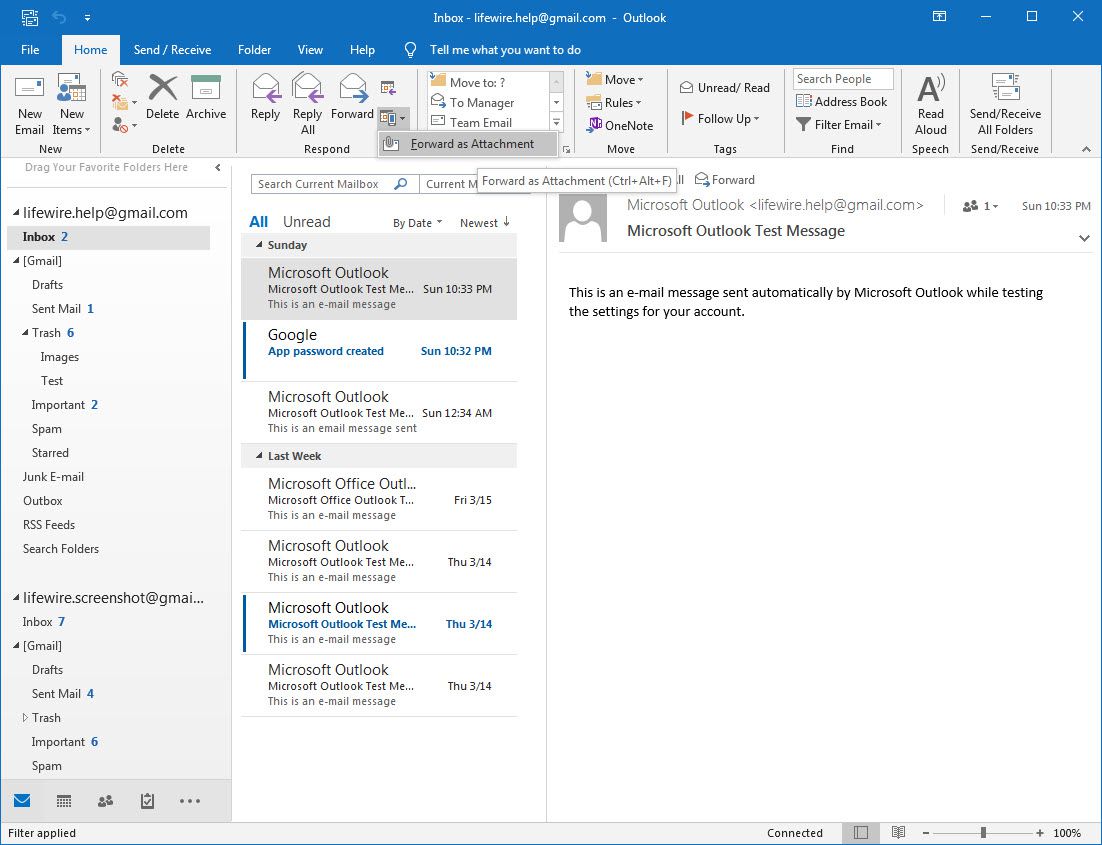 Je vybrána položka nabídky Outlook 2016 Přeposlat jako přílohu