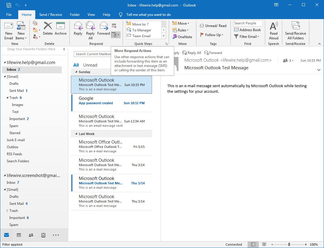 Je vybráno tlačítko Outlook 2016 Další akce odpovědí