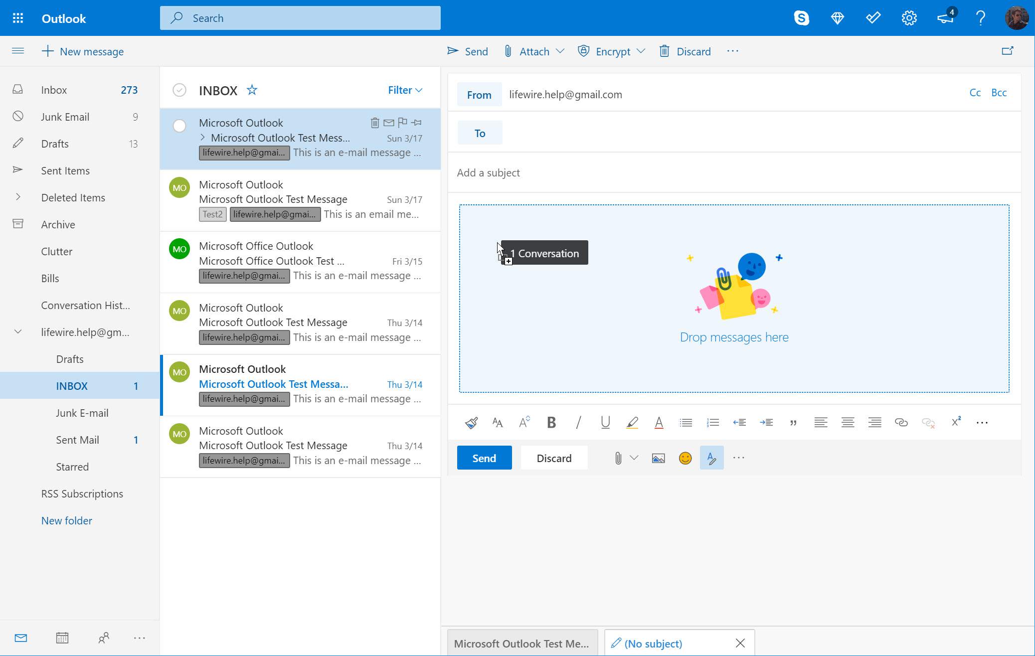 Outlook.com s přetažením e-mailů do nové zprávy
