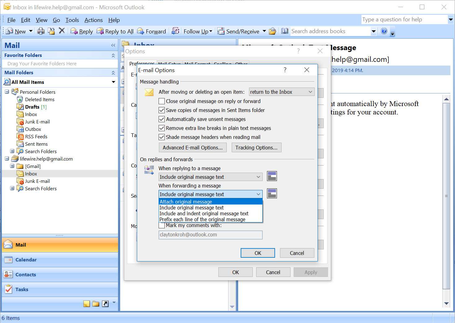 Okno Možnosti e-mailu aplikace Outlook 2007 s výchozí rozevírací nabídkou