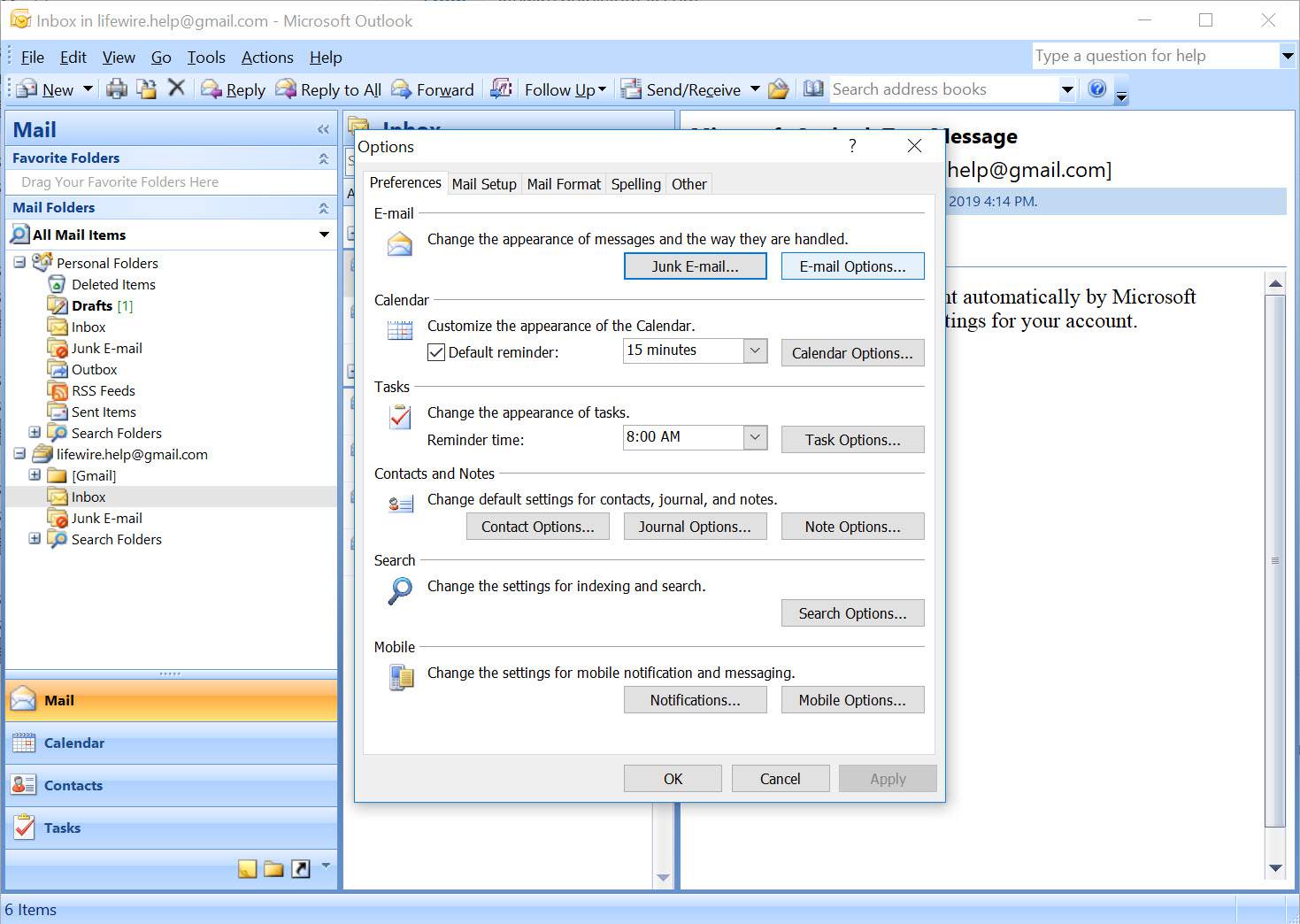 Nabídka Možnosti aplikace Outlook 2007 s vybranými možnostmi e-mailu