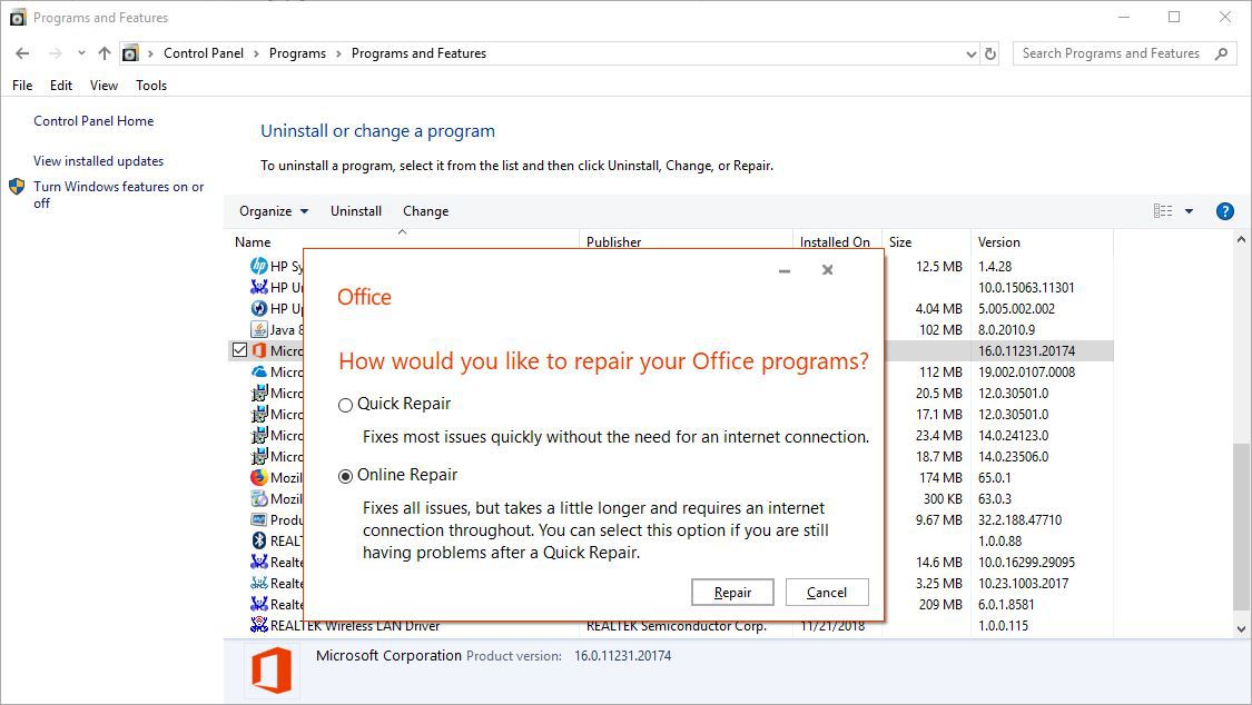 Screenshot opravy Office