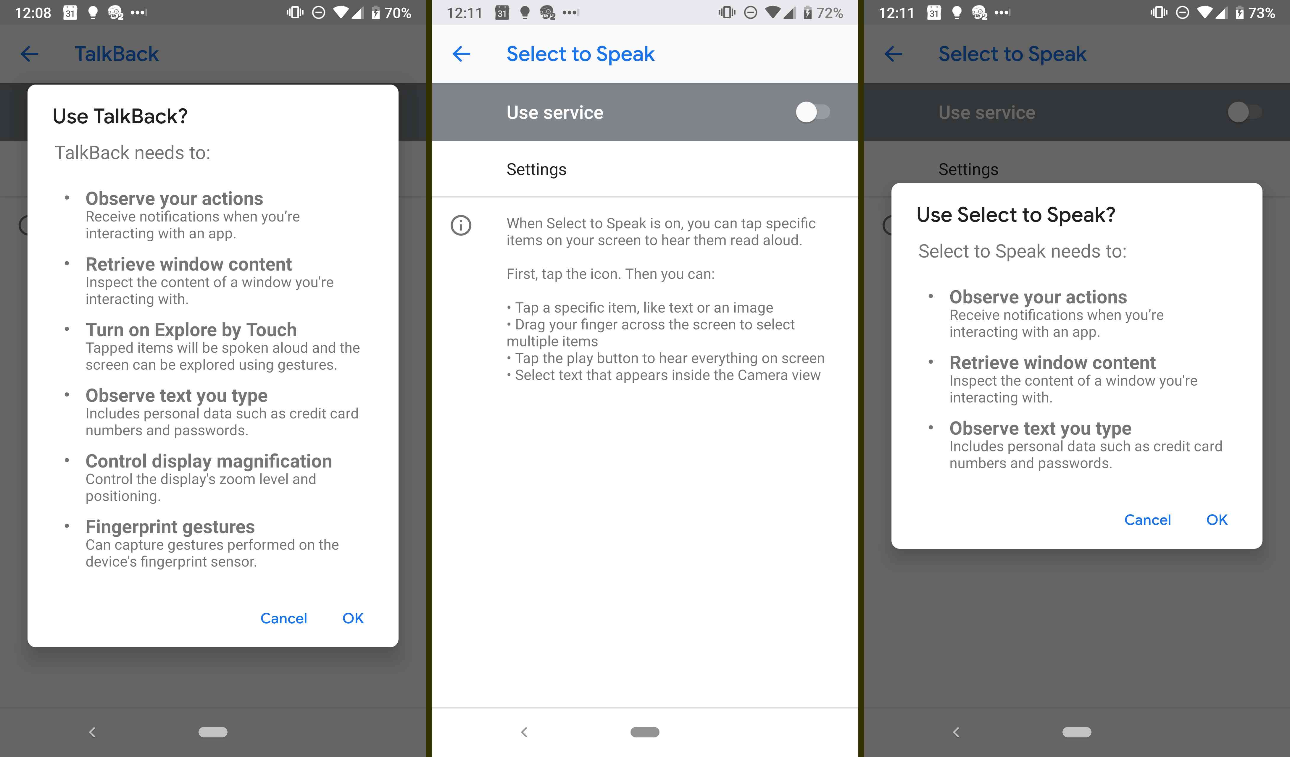 Funkce Talkback pro Android a funkce vybraného textu.