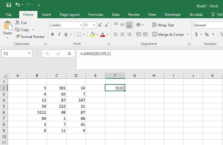 Výsledek funkce VELKÉ v aplikaci Excel.