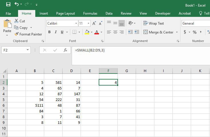 Ilustrace výsledku funkce MALÉ v aplikaci Excel.