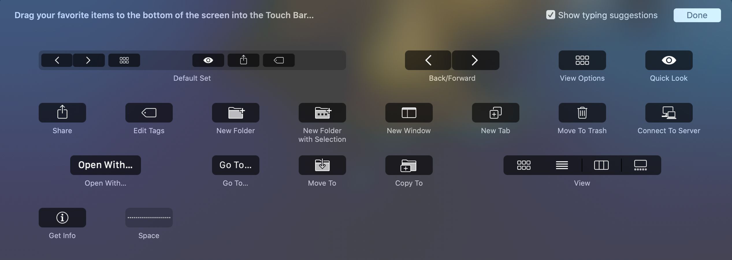 Obrazovka možností přizpůsobení panelu nástrojů Mac