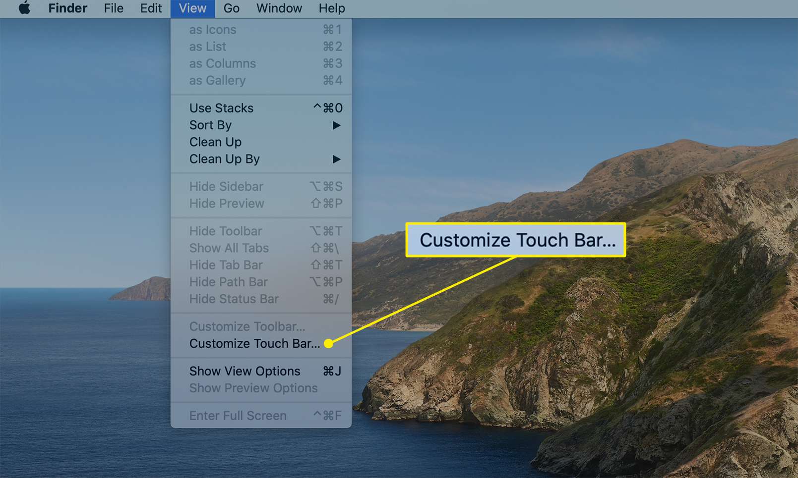 Nabídka Mac View se zvýrazněným Customize Touch Bar