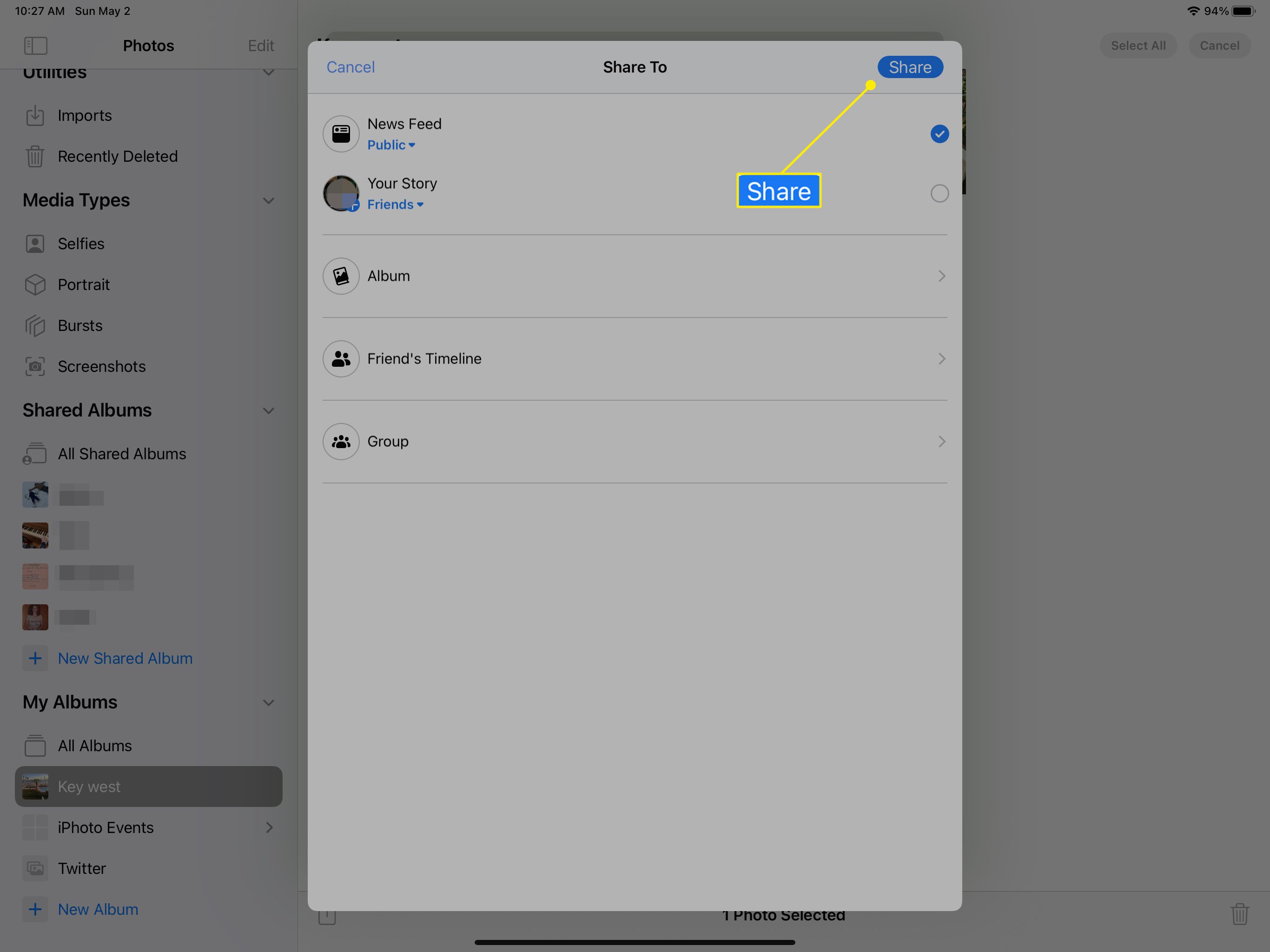 Tlačítko Sdílet v listu Sdílet na listu na iPadu