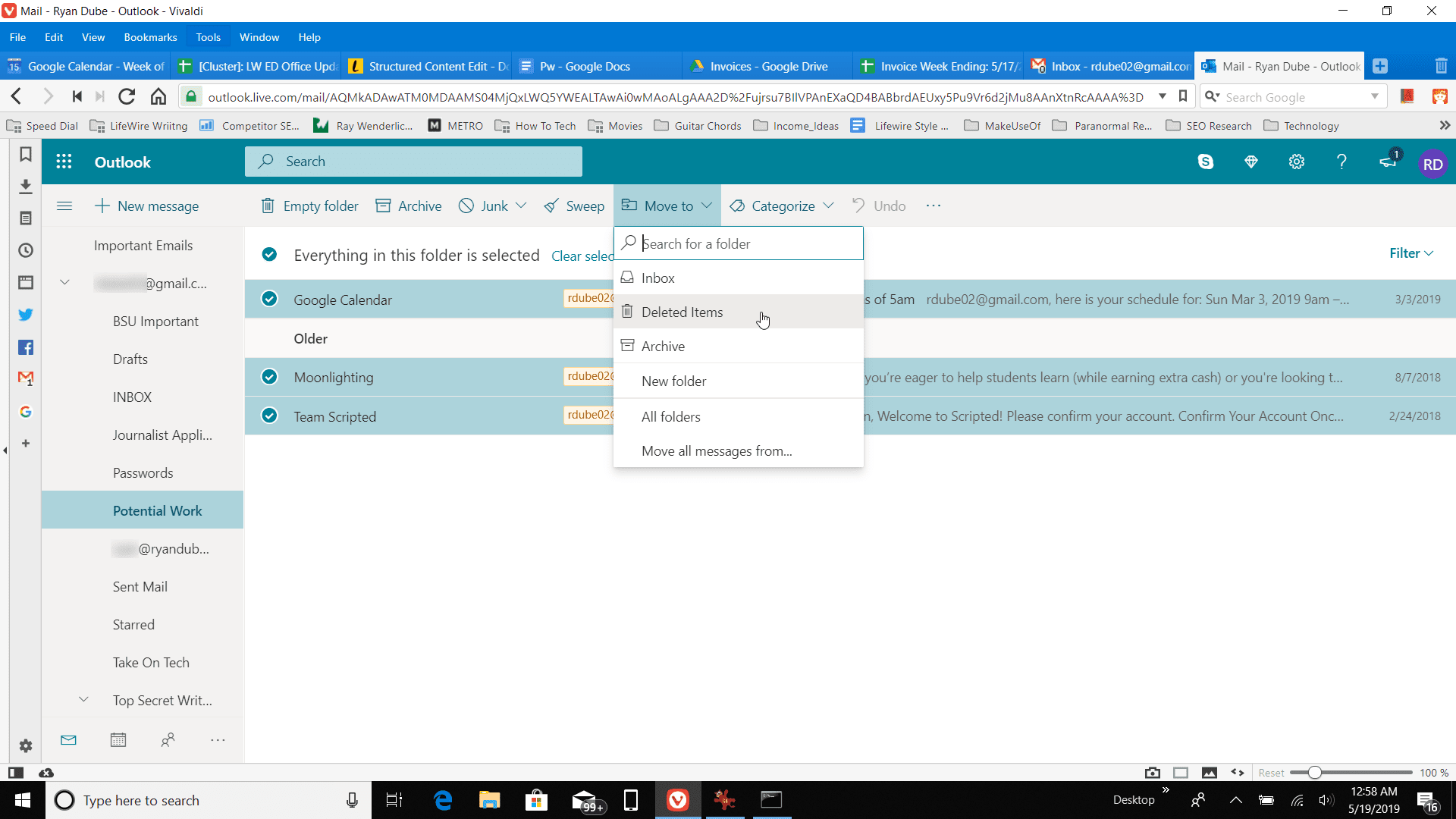 Screenshot odstranění všech položek ve složce v aplikaci Outlook online