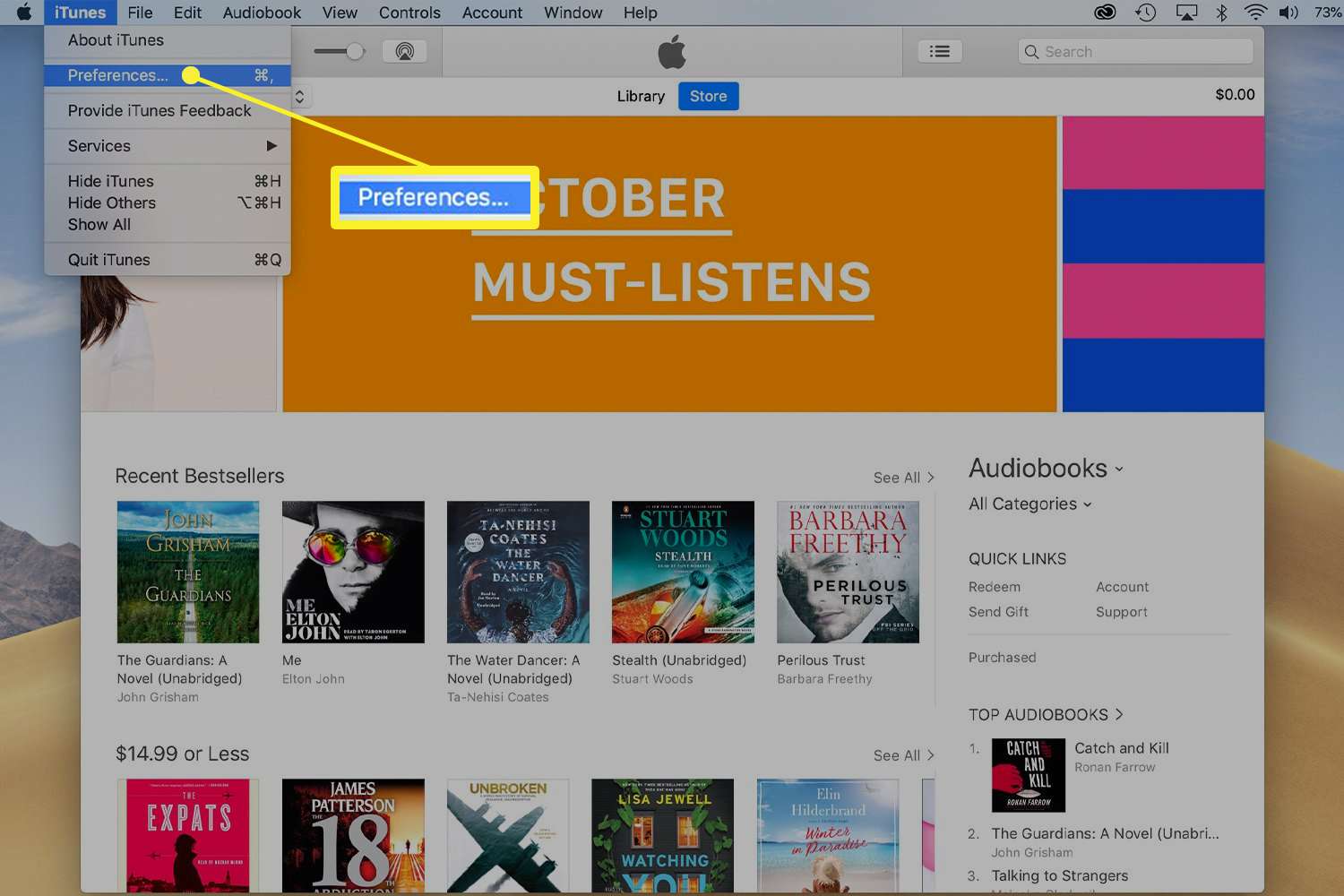 Předvolby iTunes v rozevírací nabídce panelu nabídek iTunes