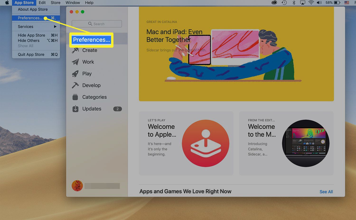 Cesta k předvolbám Mac App Store