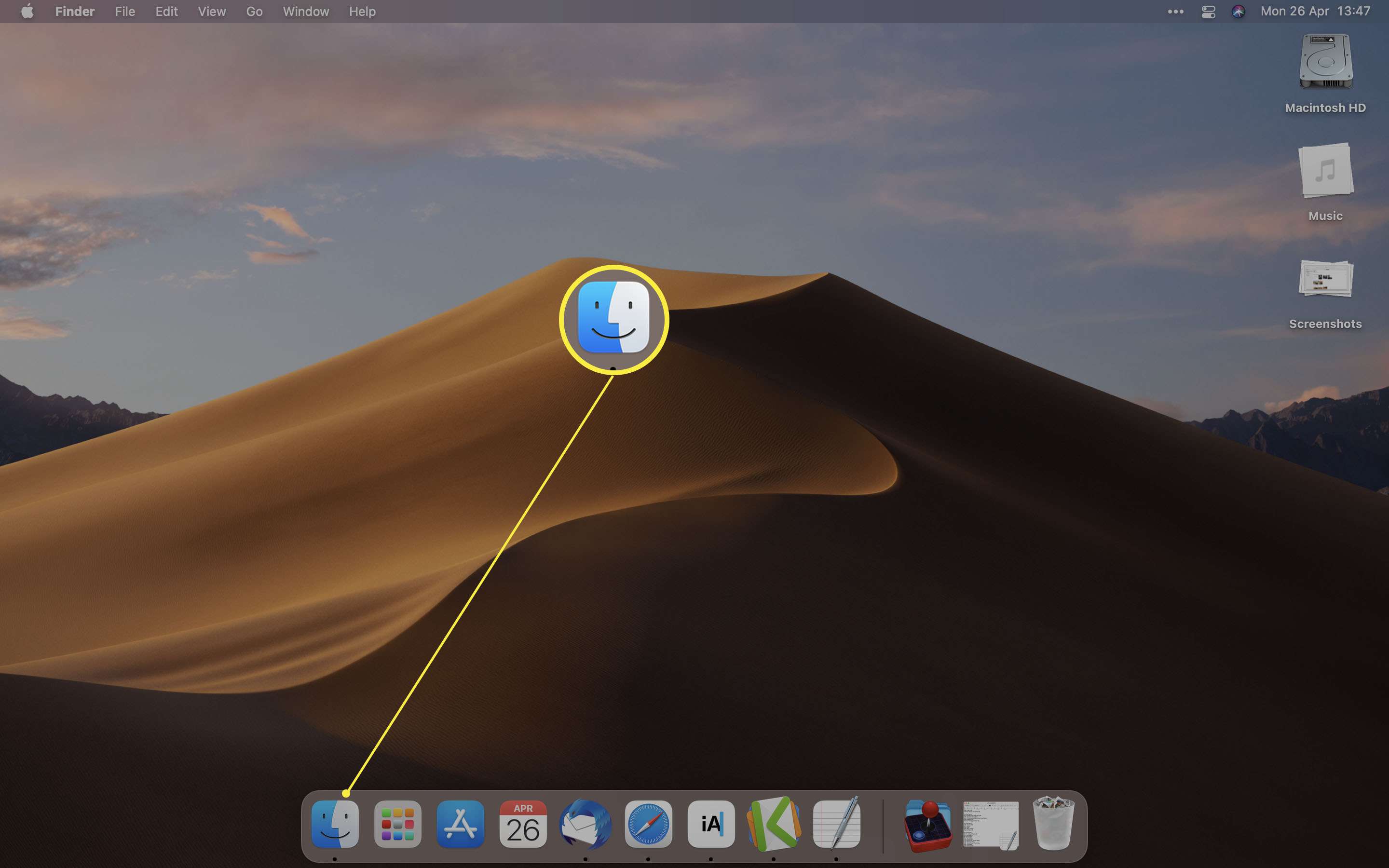 Plocha MacOS na ploše se zvýrazněným Finderem