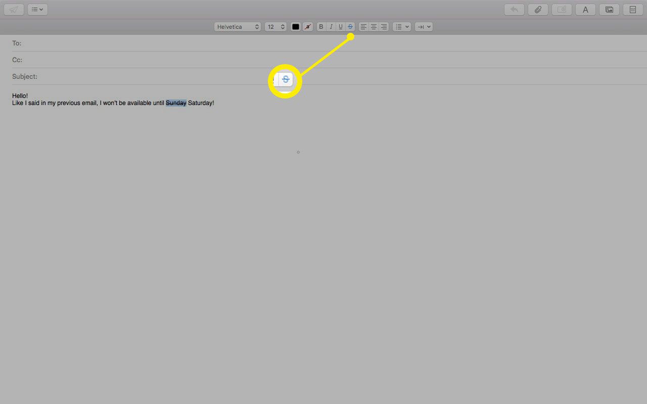 Screenshot ukazující, jak v MacOS Mail přeškrtnout text