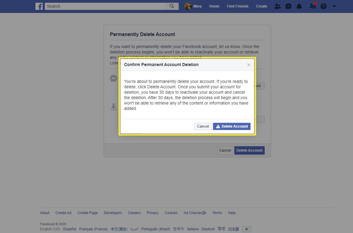 Další potvrzovací zpráva při mazání účtu Facebook pomocí prohlížeče.