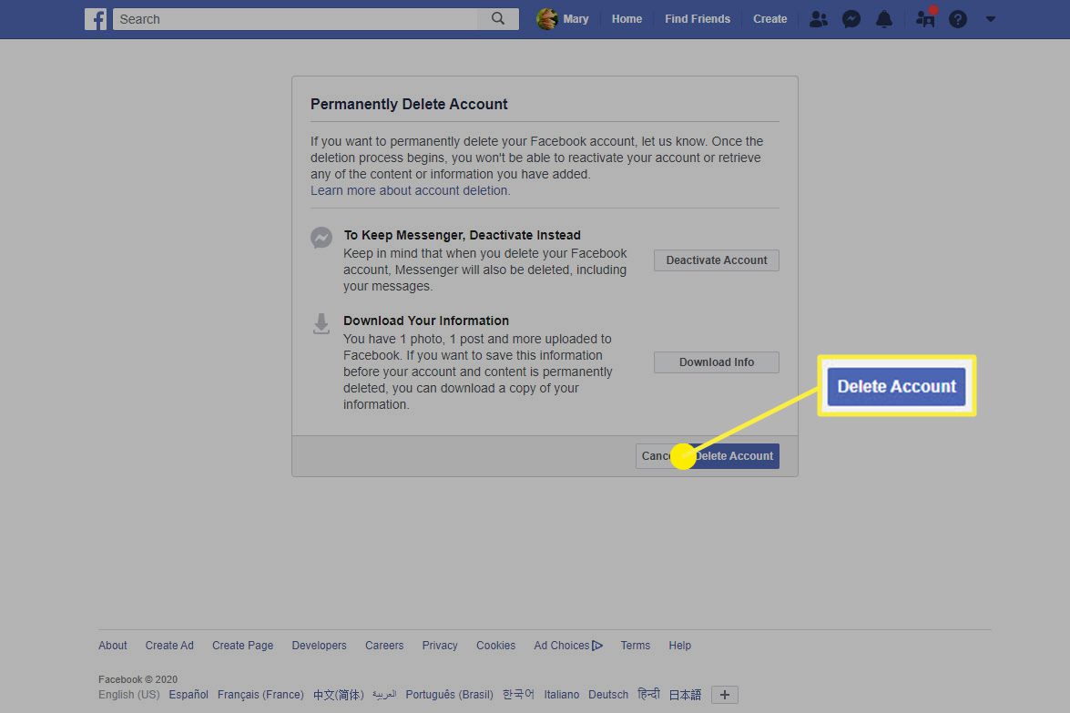 Screenshot s informacemi o a možnosti smazání účtu na Facebooku.