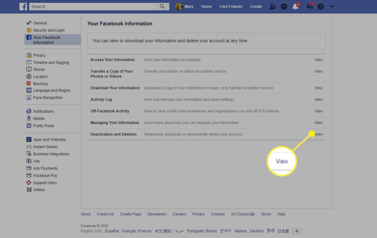 Jak zobrazit deaktivaci a smazání na Facebooku ve webovém prohlížeči.
