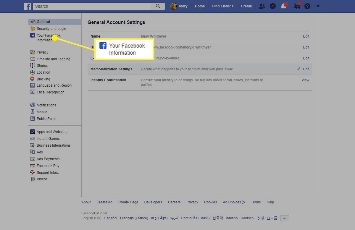 Umístění vašich informací z Facebooku na Facebooku v prohlížeči.